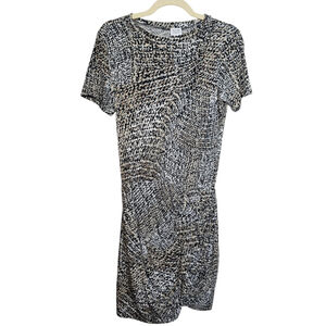 Peyton Jensen Dress Ruched Short Sleeve Black White Abstract Print Fitted XS EUC